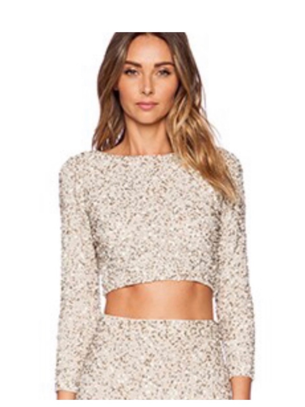 Alice + Olivia Size 2 Embellished Sequin Beaded Crop Top Long Sleeve Nude Silver